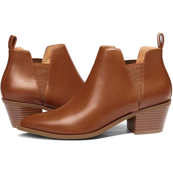 Women Booties Faux Leather Chunky Heel Ankle Slip-On Pointed Toe - Picture 3 of 5